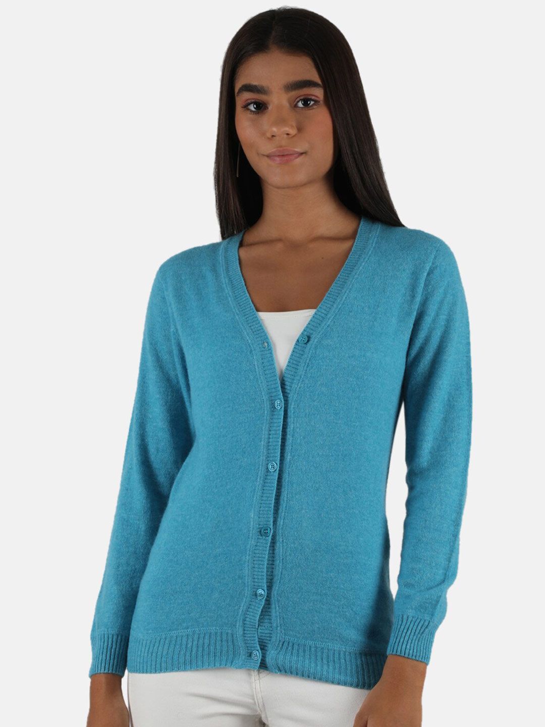 Monte Carlo Women  Lambs Wool Blue Solid V Neck Cardigan Price in India
