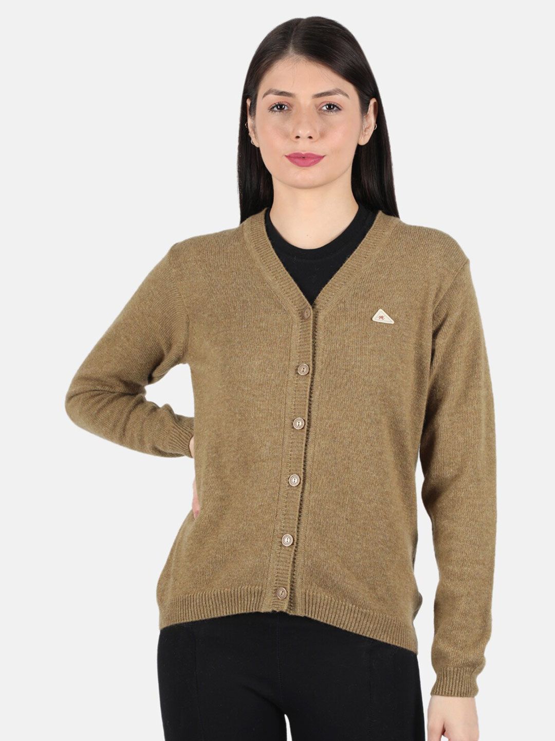 Monte Carlo Women Khaki Lambs Wool V Neck Cardigan Price in India