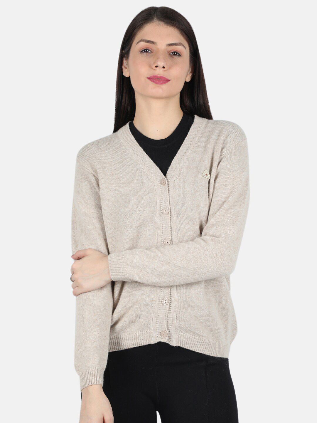 Monte Carlo Women Beige Cardigan Solid Wool Sweaters Price in India