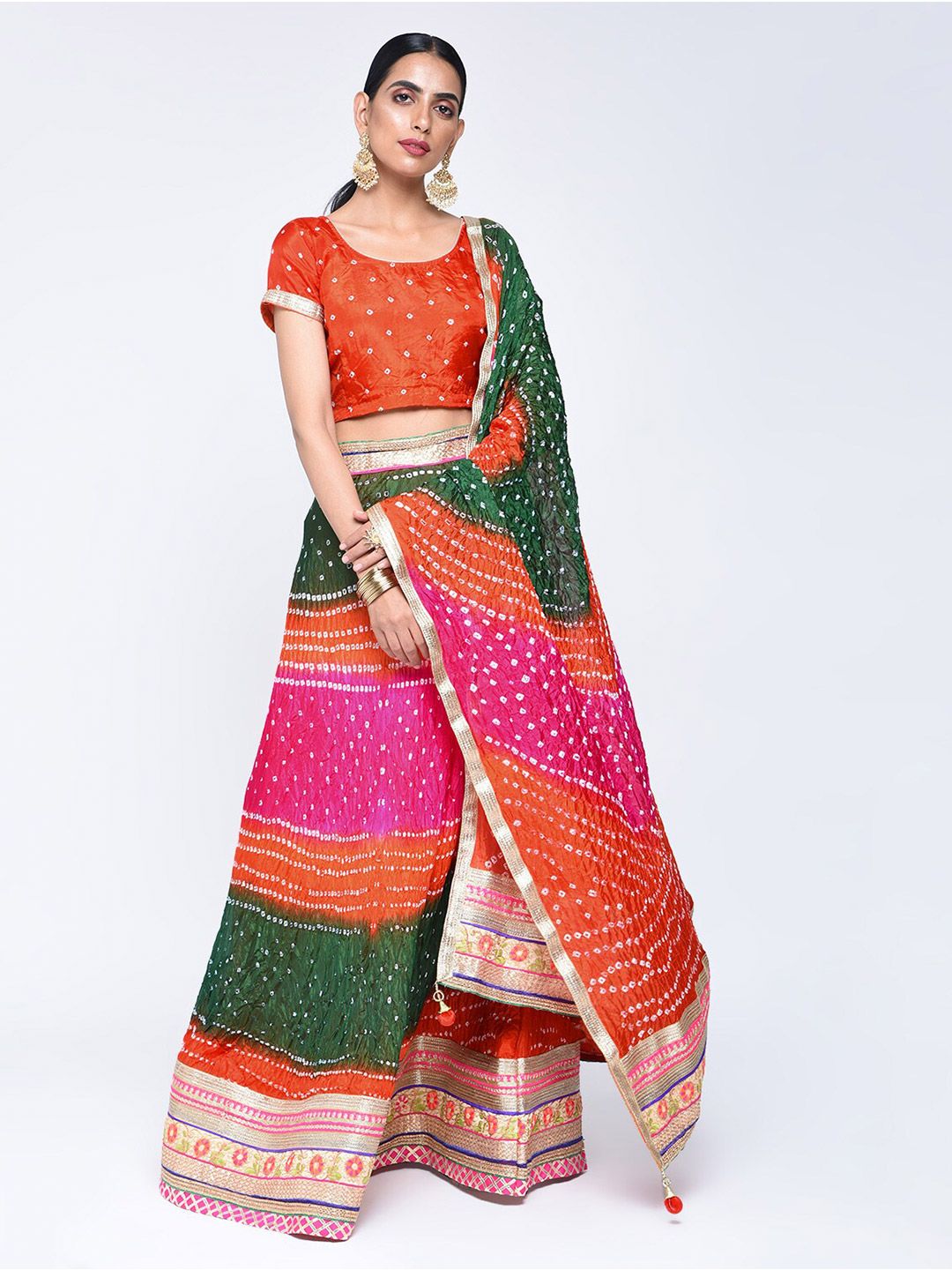 Kastiel Red & Green Dyed Ready to Wear Lehenga & Unstitched Blouse With Dupatta Price in India