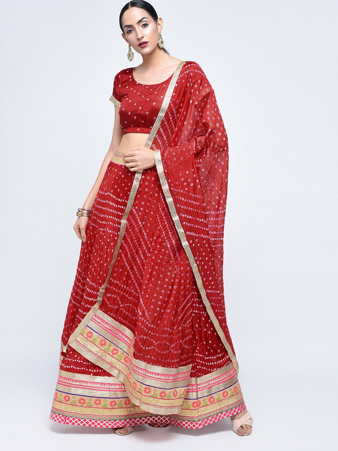 Kastiel Red & White Embellished Sequinned Ready to Wear Lehenga & Unstitched Blouse With Dupatta Price in India