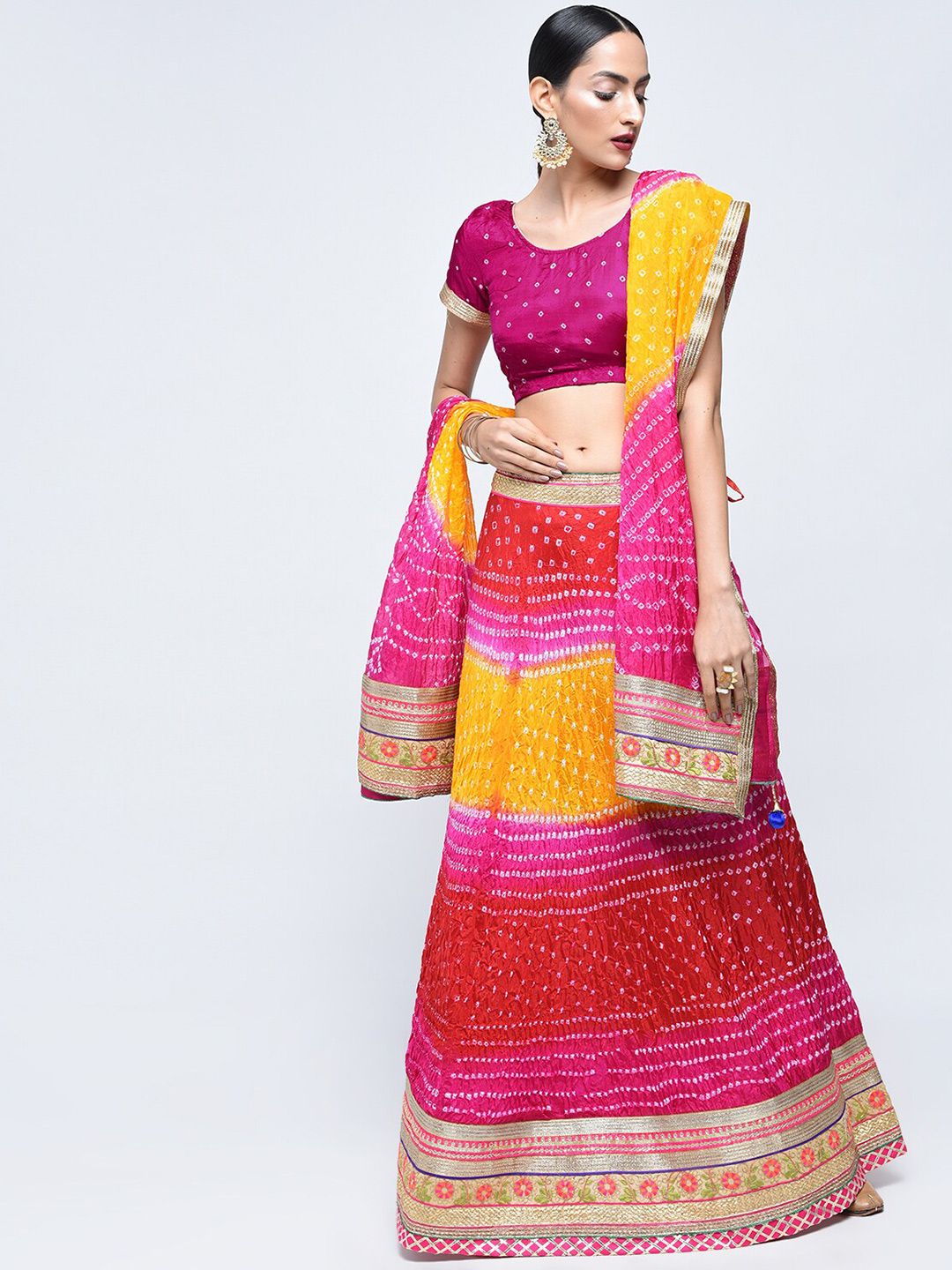 Kastiel Pink & Yellow Embellished Sequinned Ready to Wear Lehenga & Unstitched Blouse With Dupatta Price in India
