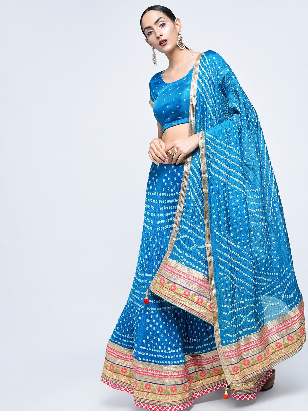 Kastiel Women Blue Dyed Ready to Wear Lehenga & Unstitched Blouse With Dupatta Price in India