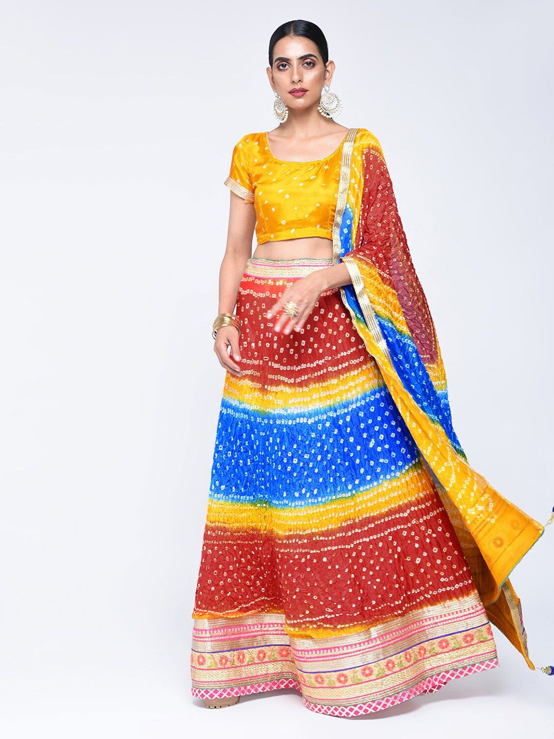 Kastiel Blue & Red Embellished Sequinned Ready to Wear Lehenga & Unstitched Blouse With Dupatta Price in India