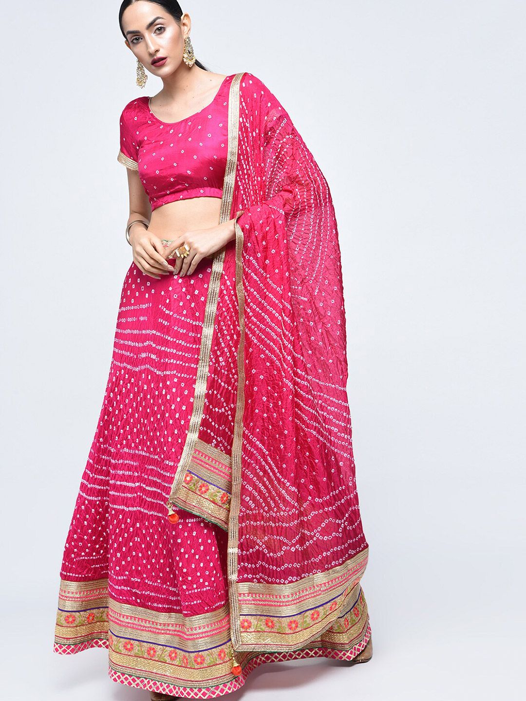 Kastiel Pink & White Embellished Sequinned Lehenga & Unstitched Blouse With Dupatta Price in India
