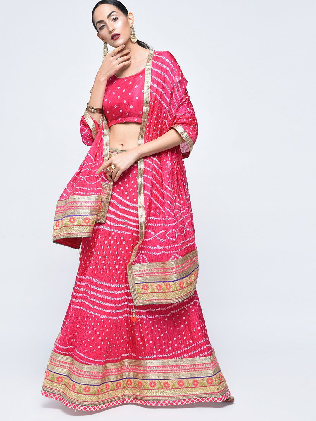 Kastiel Women Peach Printed Ready to Wear Lehenga & Unstitched Blouse With Dupatta Price in India