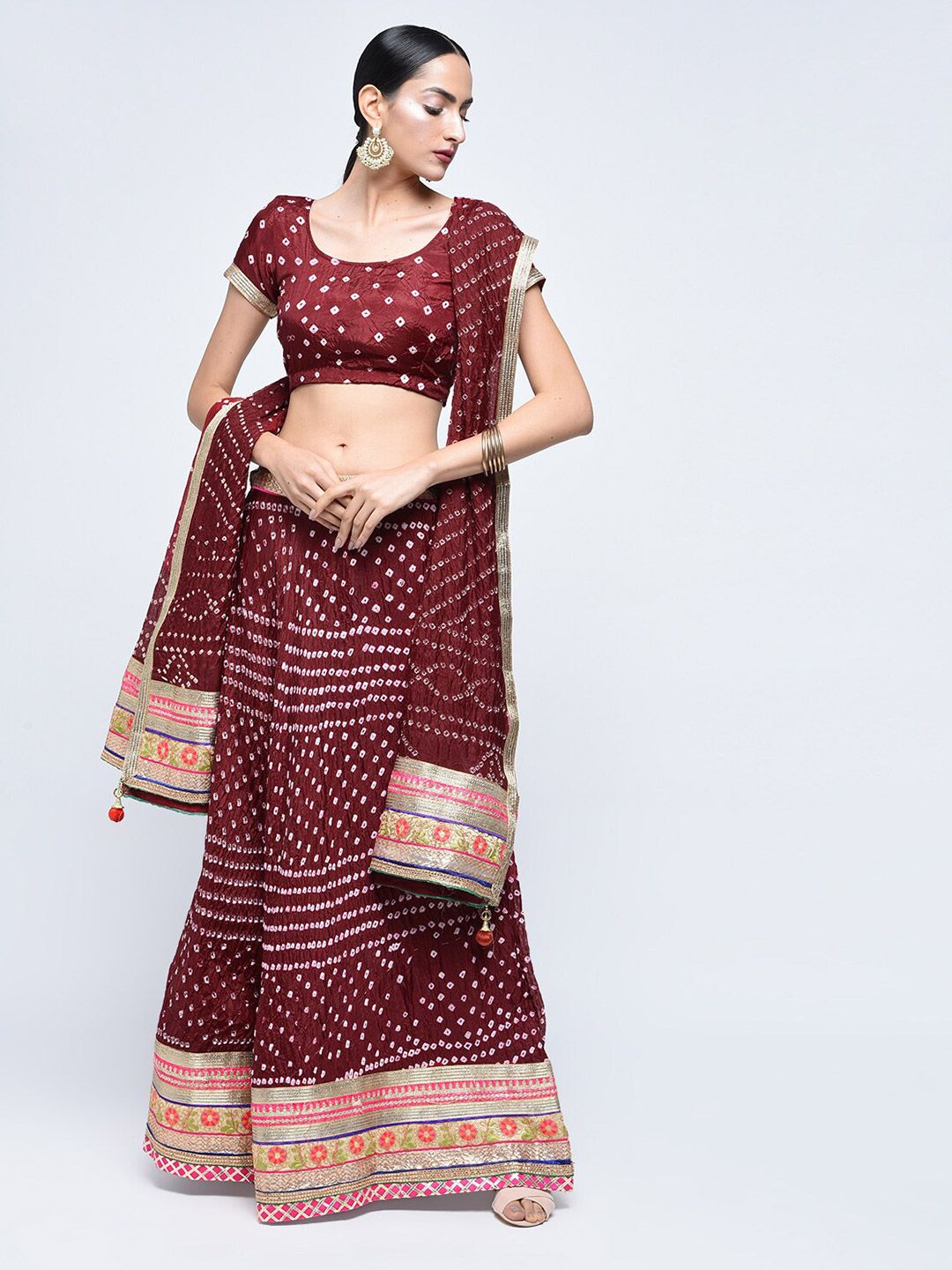 Kastiel Maroon & Off White Embellished Ready to Wear Lehenga & Unstitched Blouse With Dupatta Price in India