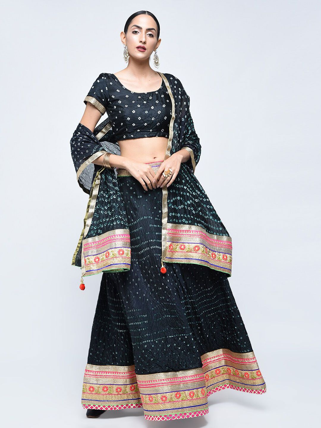Kastiel Black & Off White Ready to Wear Lehenga & Unstitched Blouse With Dupatta Price in India