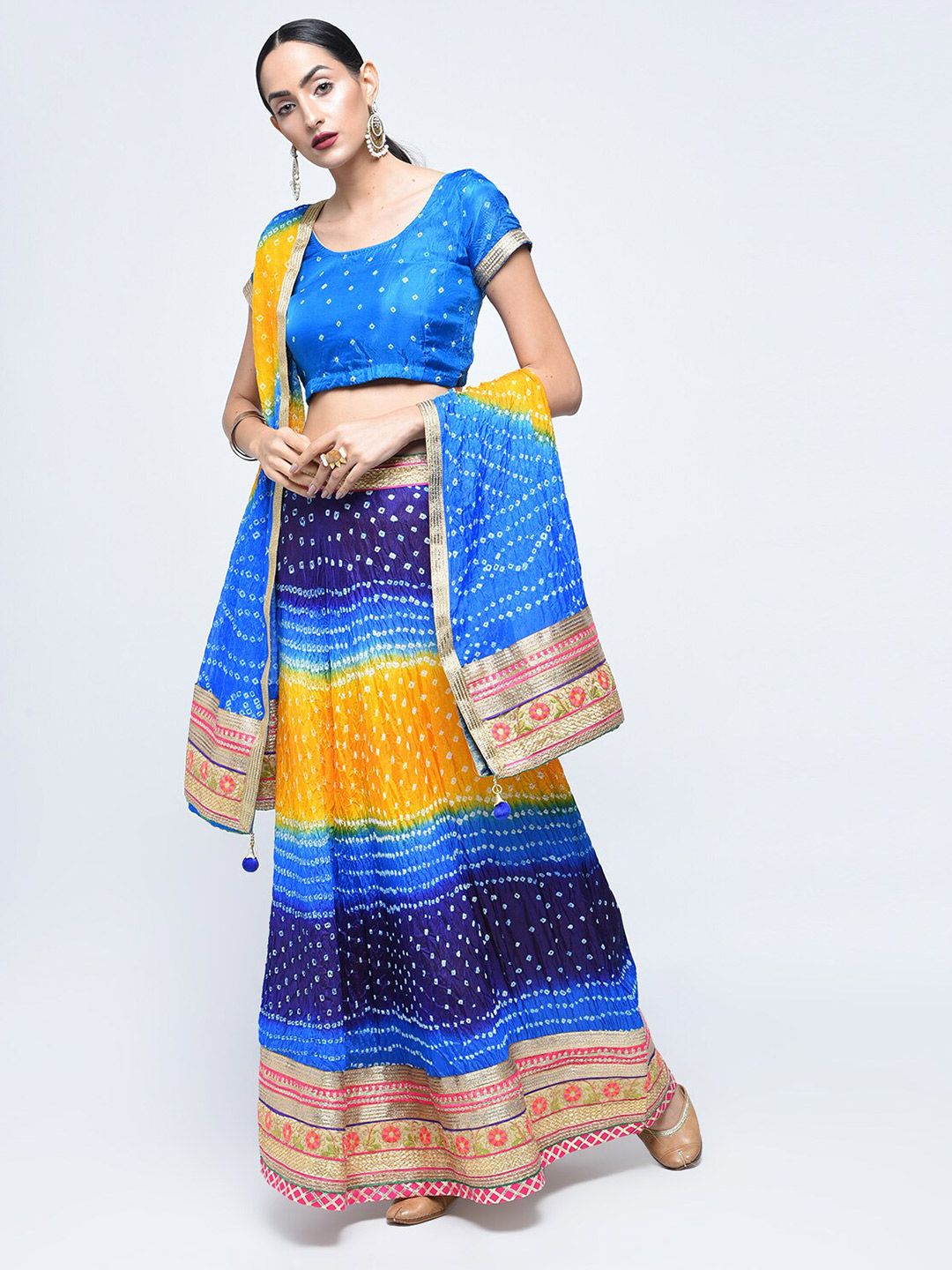 Kastiel Yellow & Blue Embellished Sequinned Ready to Wear Lehenga & Unstitched Blouse With Dupatta Price in India