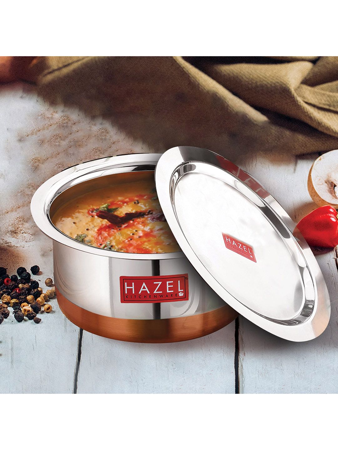 HAZEL Silver-Toned & Copper-Colored Solid Stainless Steel Serving Tope With Lid Price in India