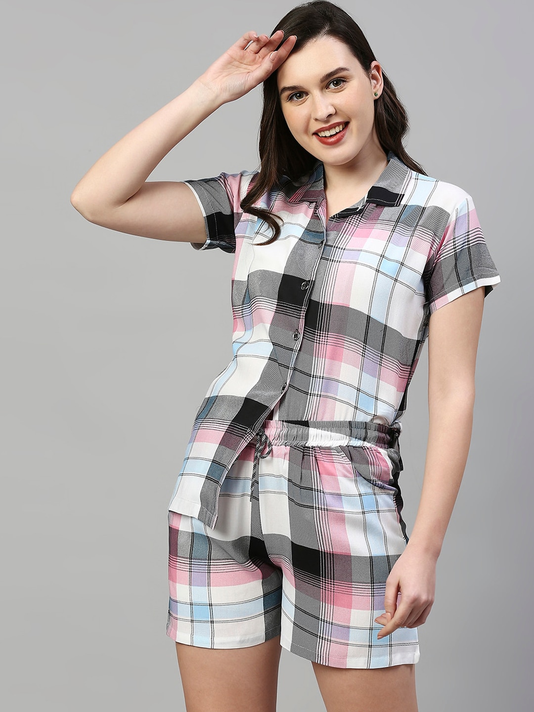 Pretty Awesome Women Green & White Checked Night suit Price in India