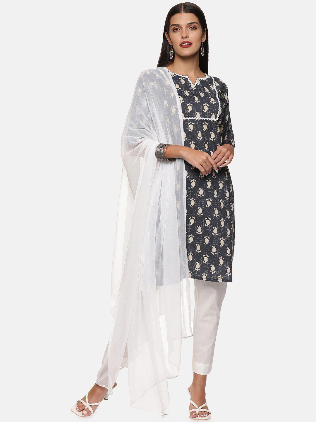 DIVINATION Women Grey Ethnic Motifs Printed Pure Cotton Kurta with Trousers & With Dupatta Price in India