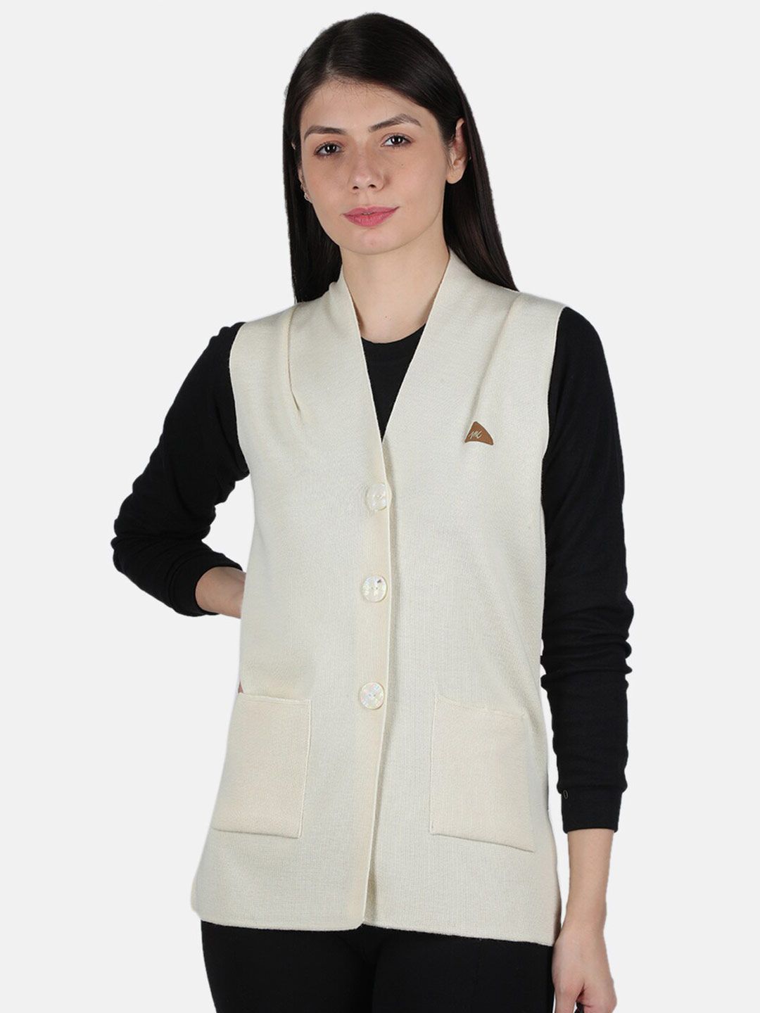 Monte Carlo Women Cream-Coloured  V- neck sleeveless Cardigan Price in India