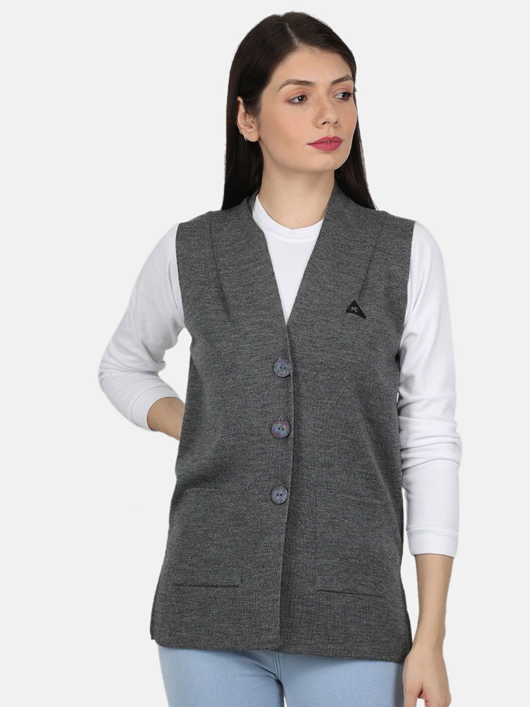Monte Carlo Women Pure Wool Grey Solid V Neck Cardigan Price in India
