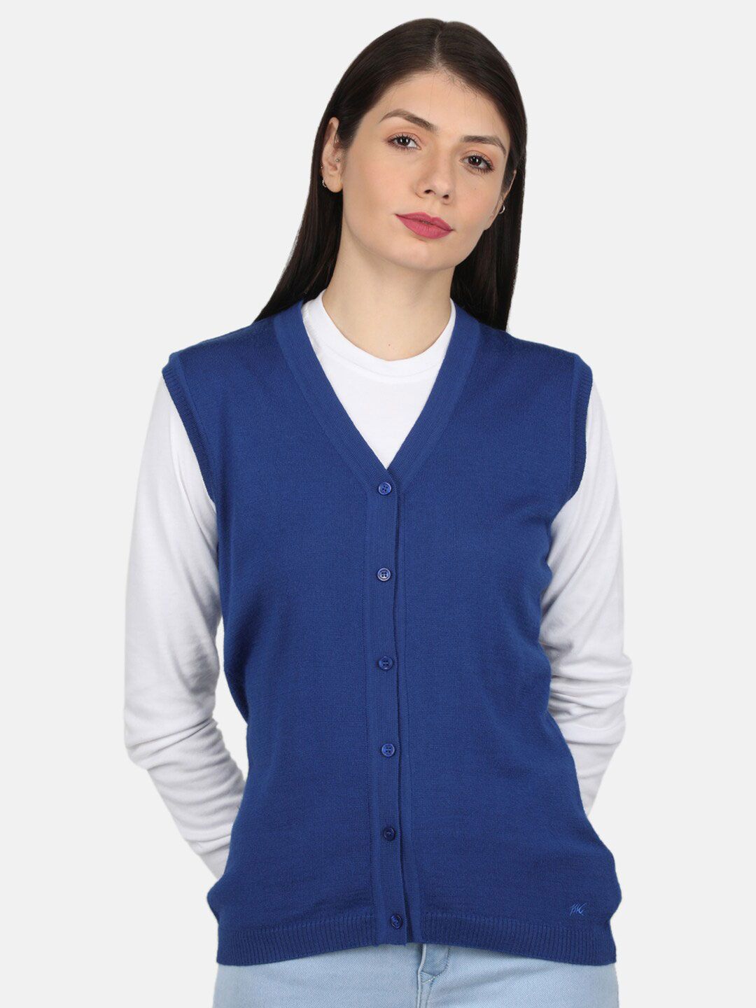 Monte Carlo Women Blue Solid V-neck Modal Nylone Cardigan Price in India