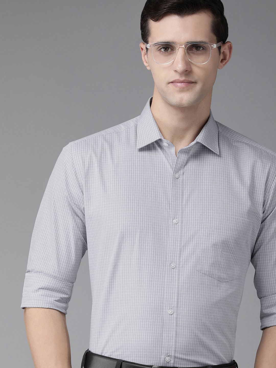Park Avenue Men Grey Slim Fit Checked Pure Cotton Formal Shirt