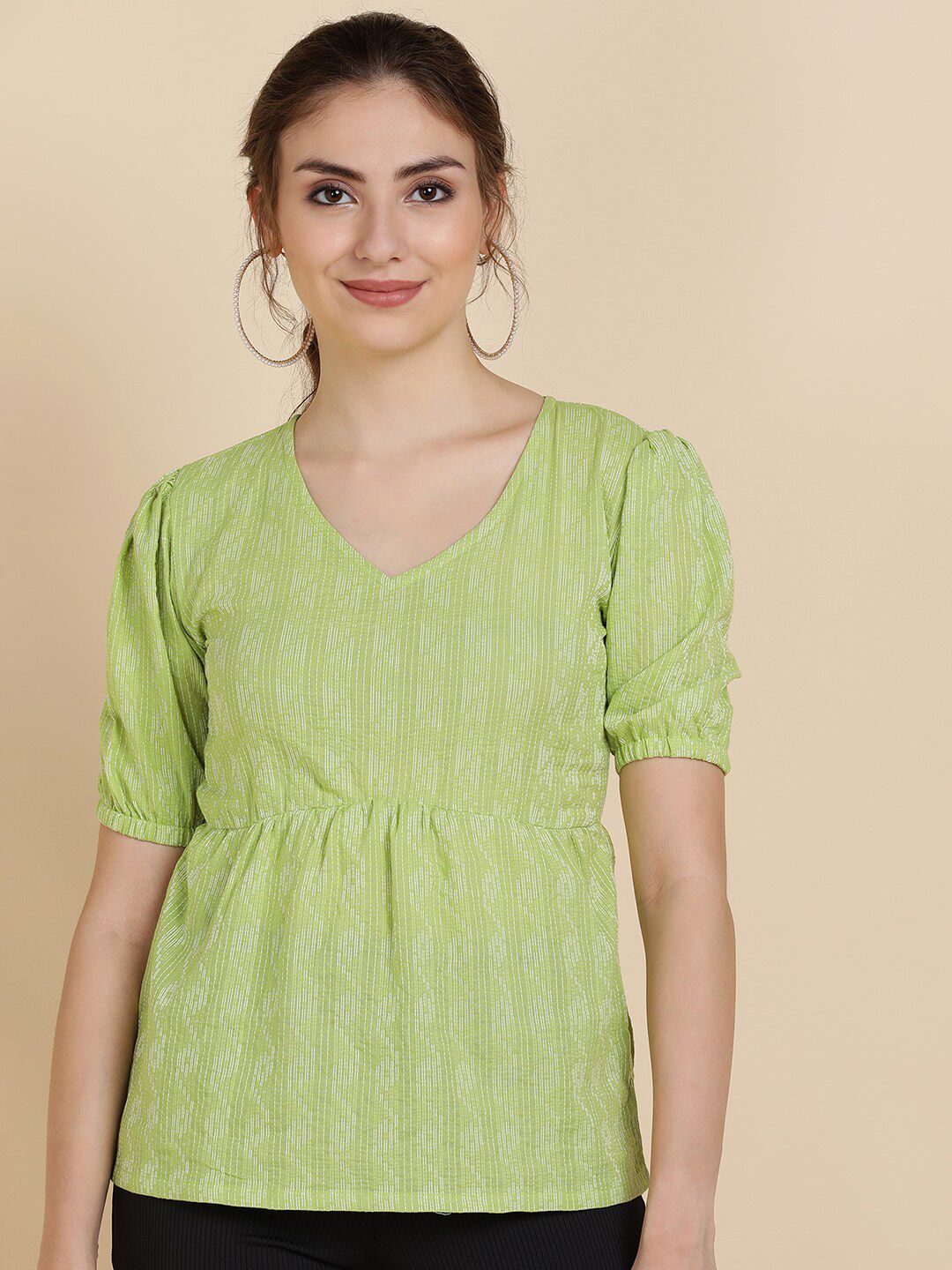 Sangria Women Green Striped Pure Cotton Tops Price in India