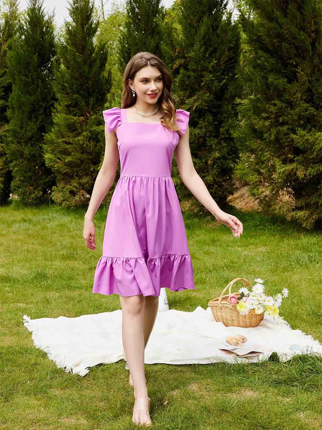 URBANIC Lavender Fit & Flare Tiered Dress Price in India