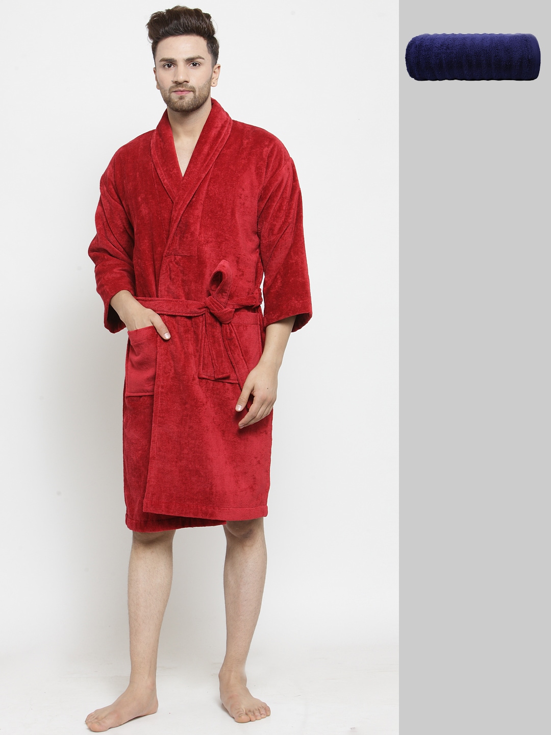 Trident Unisex Red Solid Bathrobe & 450 GSM Cotton Bath Towel Price in India