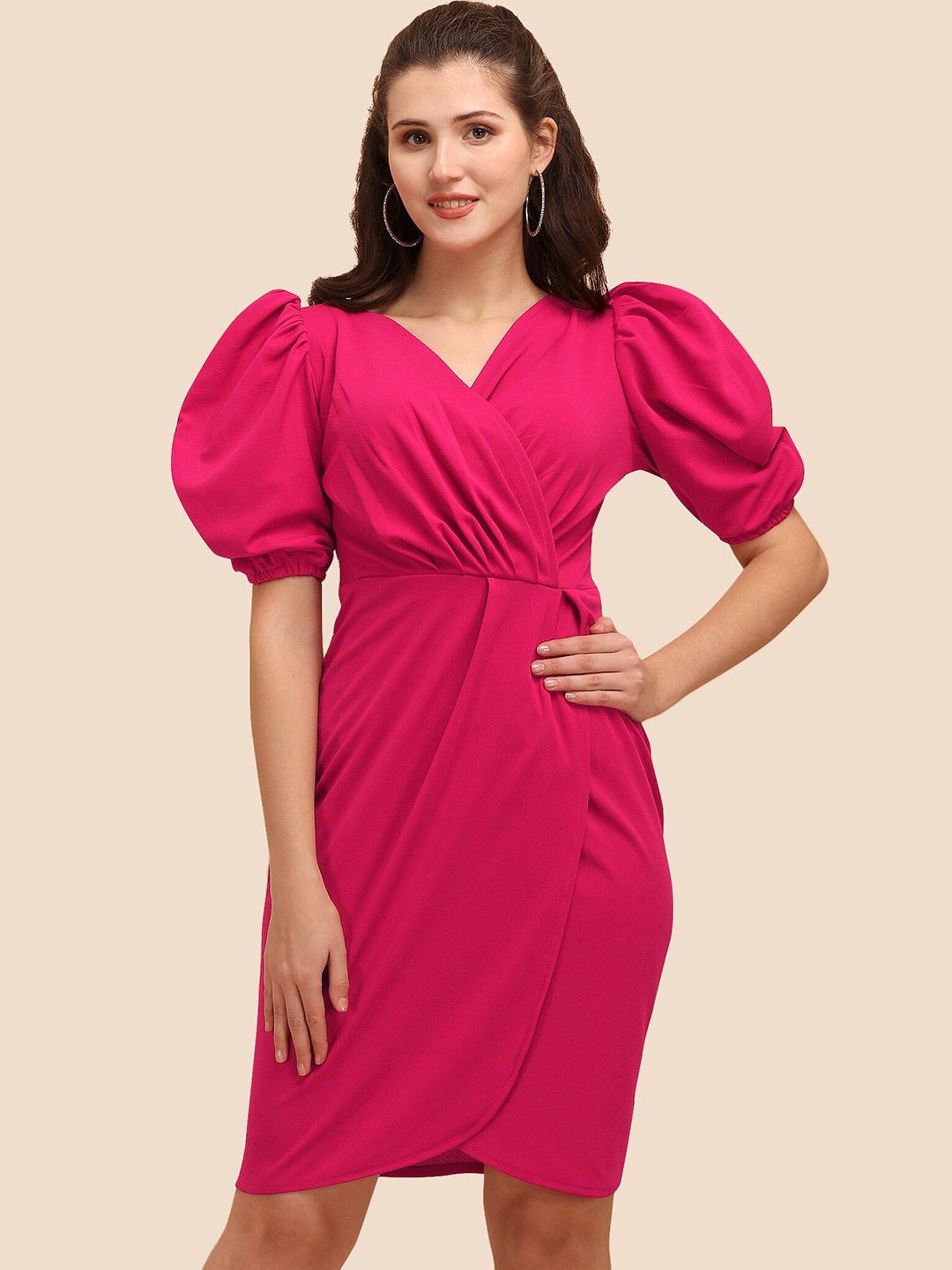 Sheetal Associates Women Pink Wrap Pattern Puff Sleeves Dress Price in India