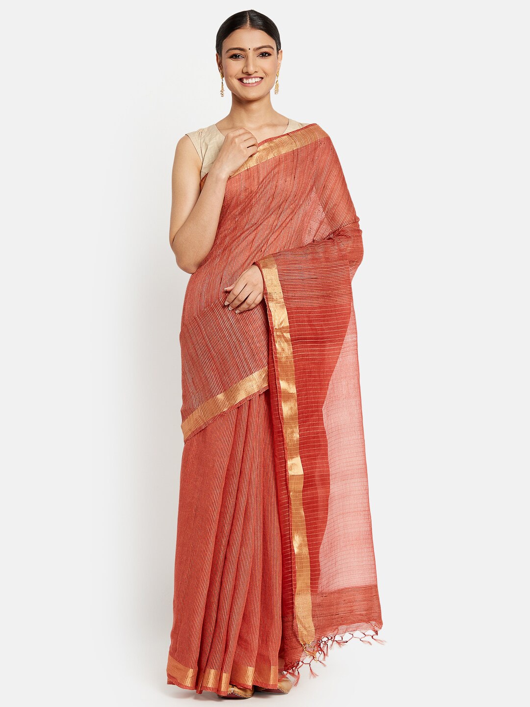 Fabindia Orange & Gold-Toned Striped Zari Pure Silk Saree Price in India