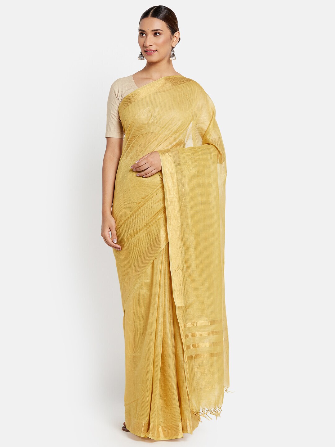 Fabindia Yellow & Gold-Toned Striped Zari Pure Silk Saree Price in India