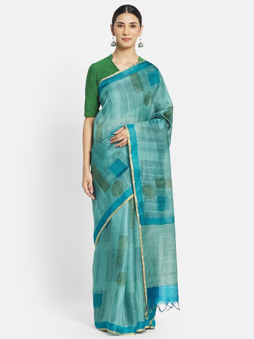 Fabindia Blue & Gold-Toned Zari Pure Silk Block Print Saree Price in India