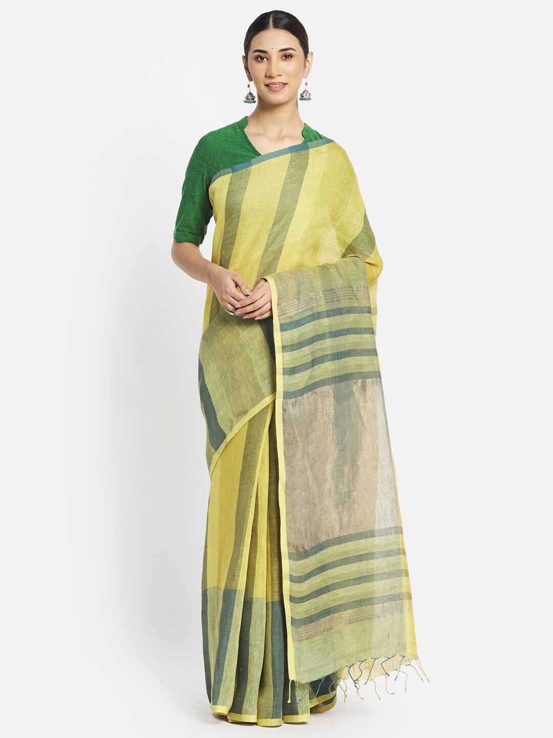 Fabindia Green & Yellow Striped Pure Linen Saree Price in India