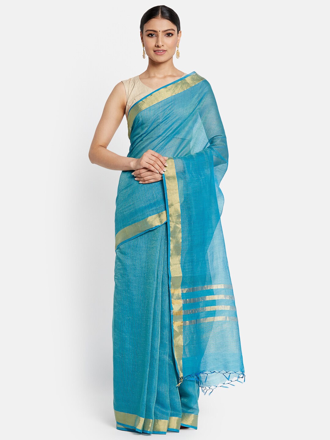 Fabindia Blue & Gold-Toned Woven Design Zari Pure Silk Saree Price in India