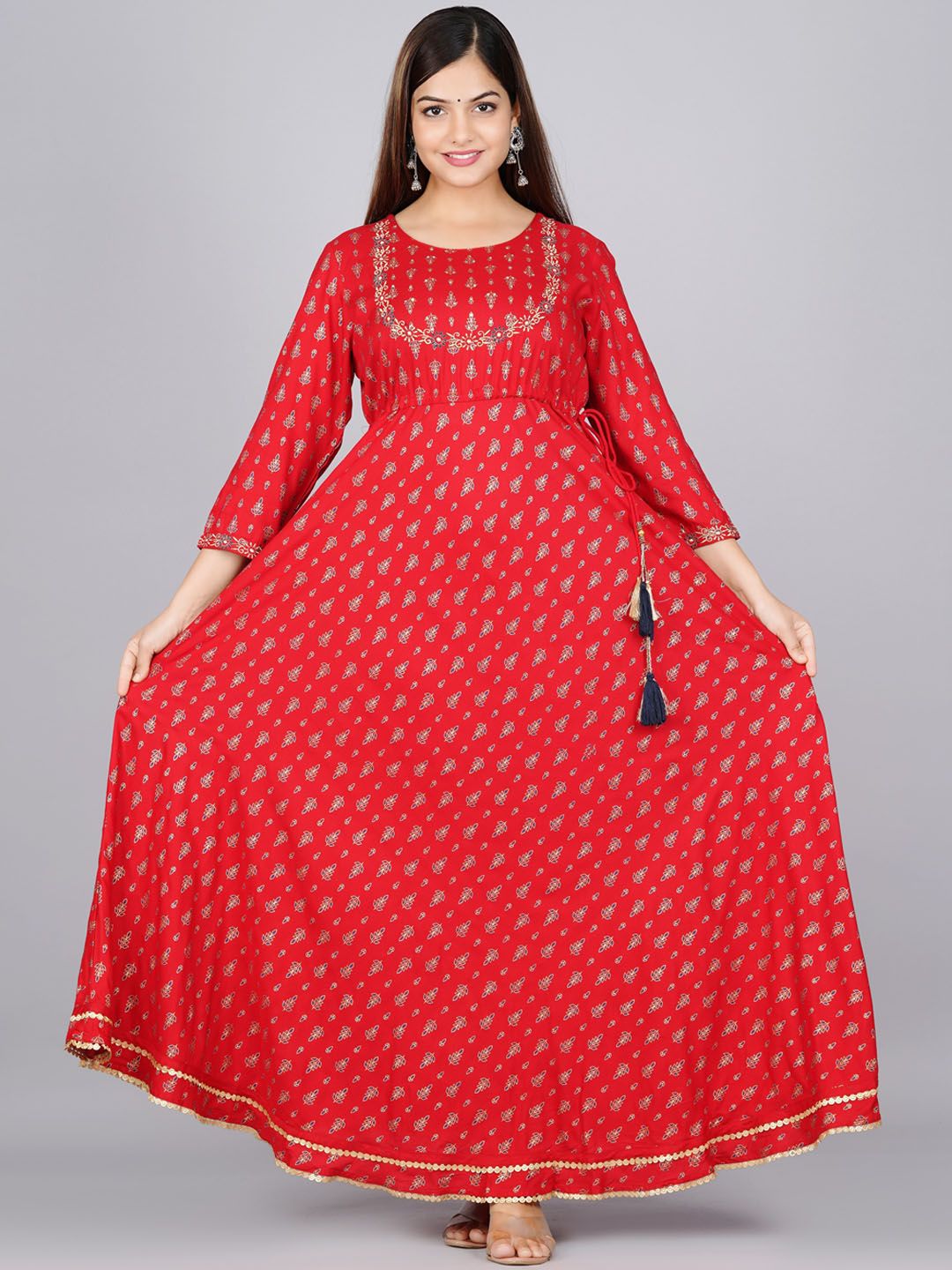 KALINI Women Red & Gold-Toned Ethnic Motifs Printed Anarkali Kurta Price in India