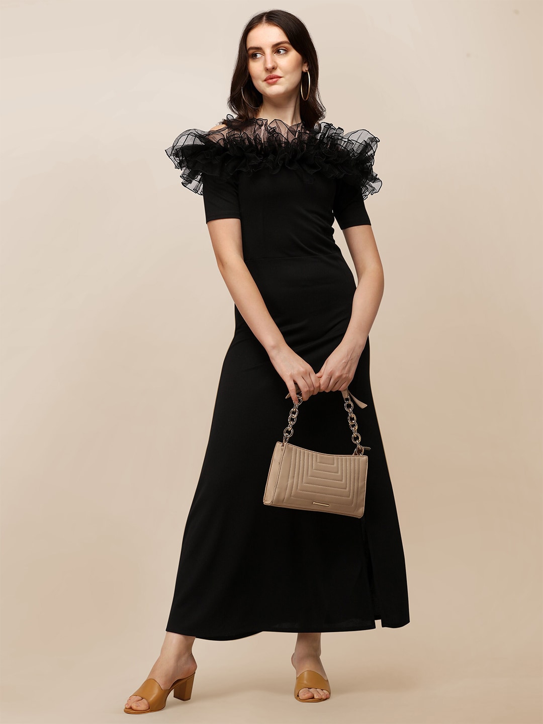 SHEETAL Associates Women Black Off Shoulder Ruffled Tulle Maxi Dress Price in India