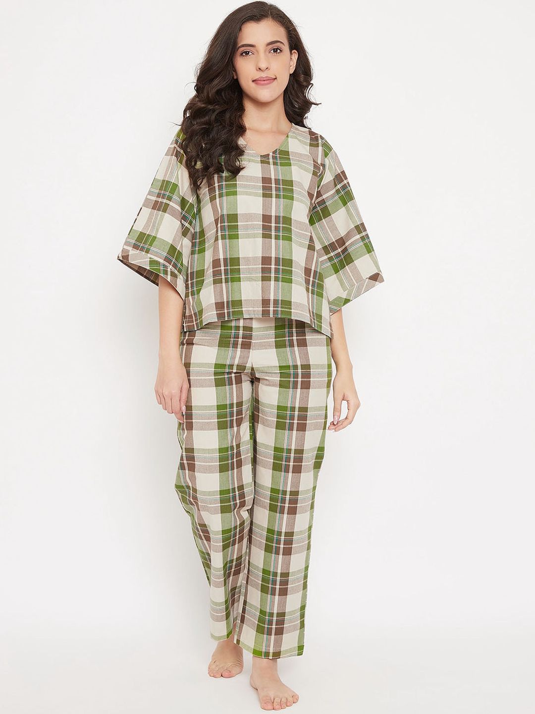 The Kaftan Company Women Beige Checked Night suit Price in India
