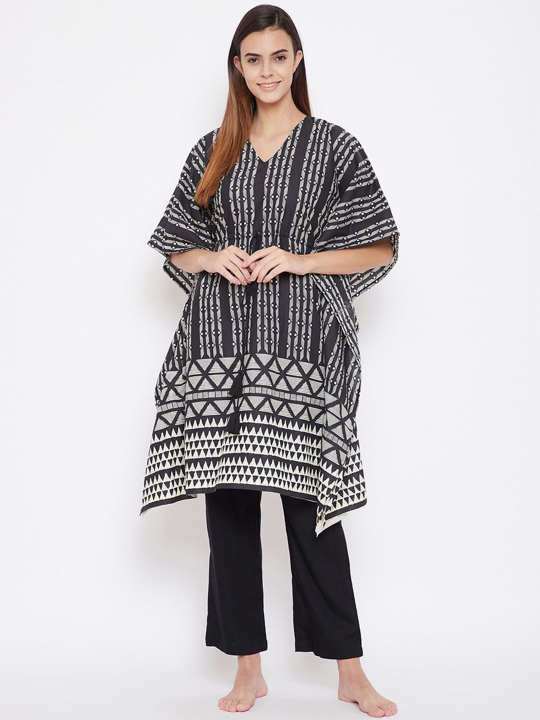 The Kaftan Company Women Black & White Printed Cotton Night suit Price in India