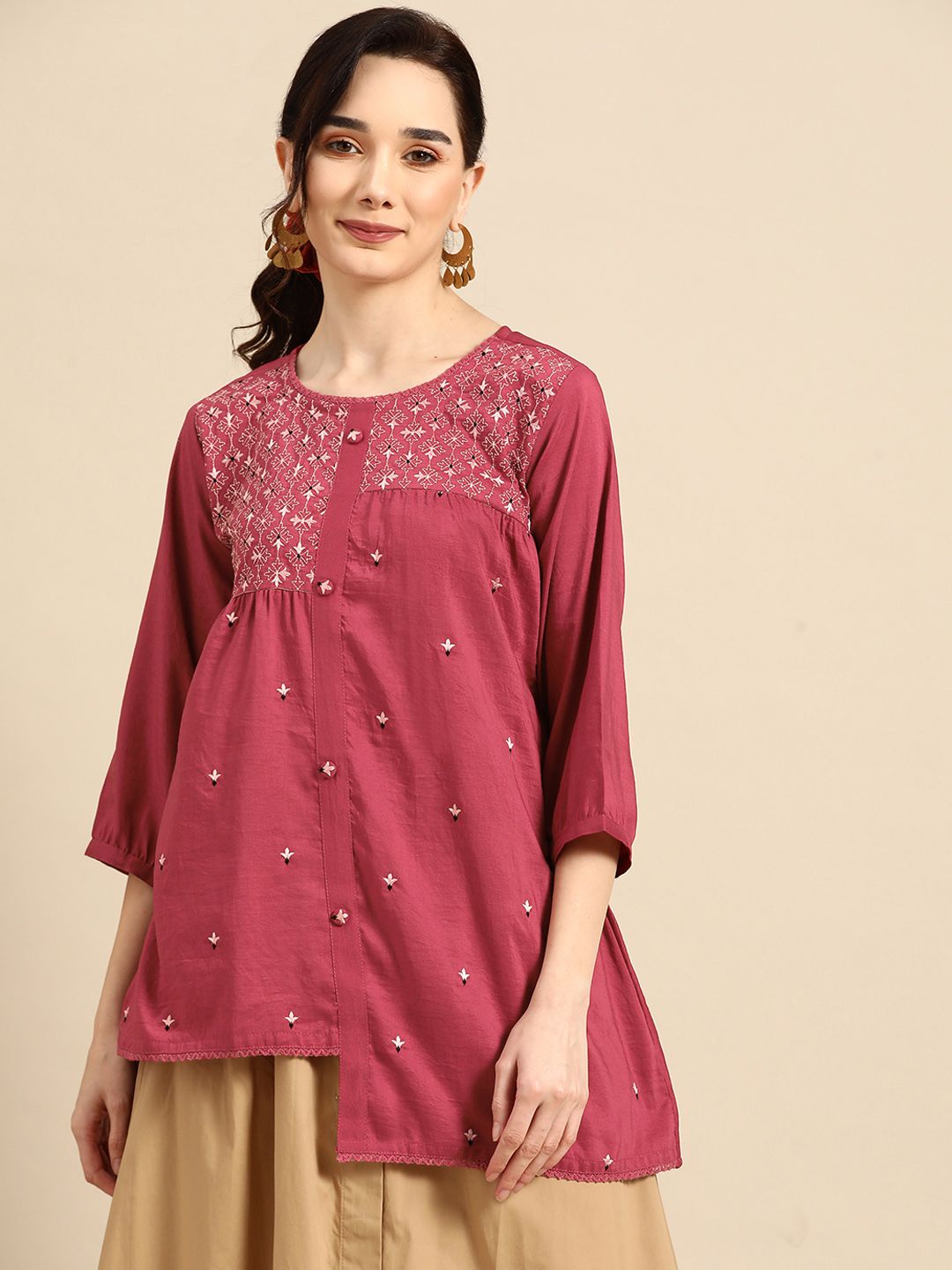 Sangria Pink Embroidered Longline Top Price in India
