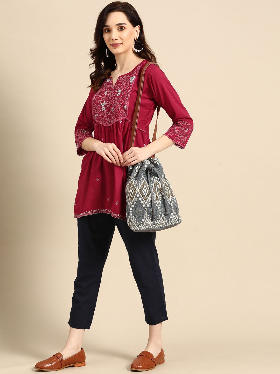 Sangria Maroon Embroidered Longline Top Price in India
