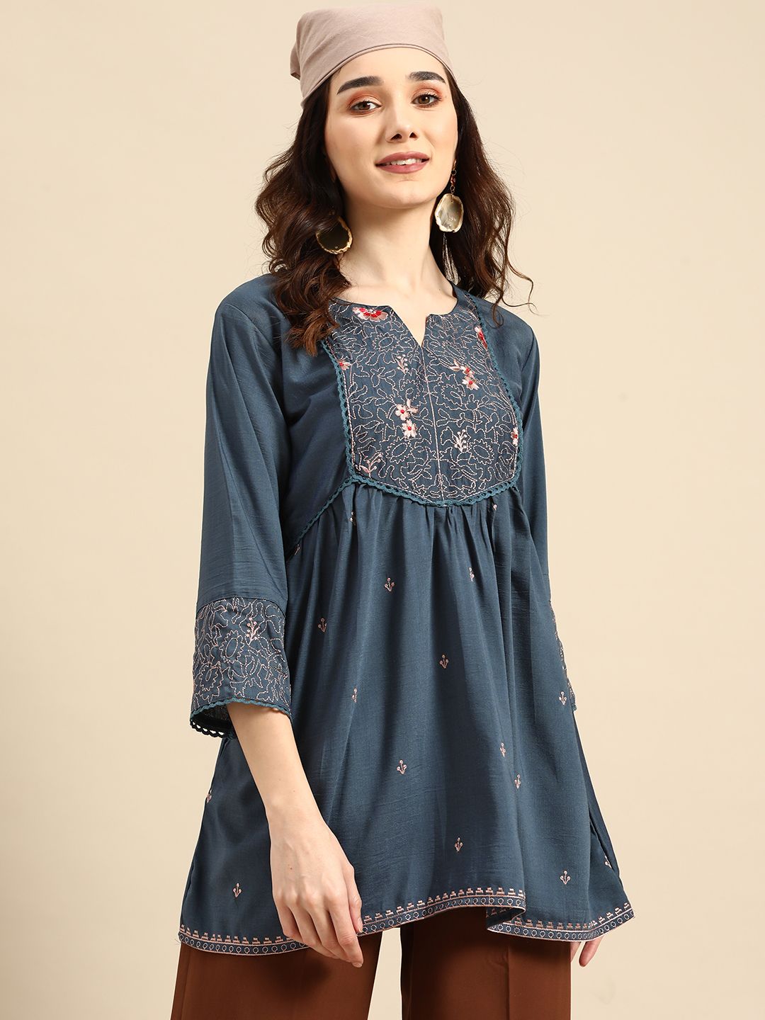 Sangria Teal Blue Embroidered Longline Top Price in India