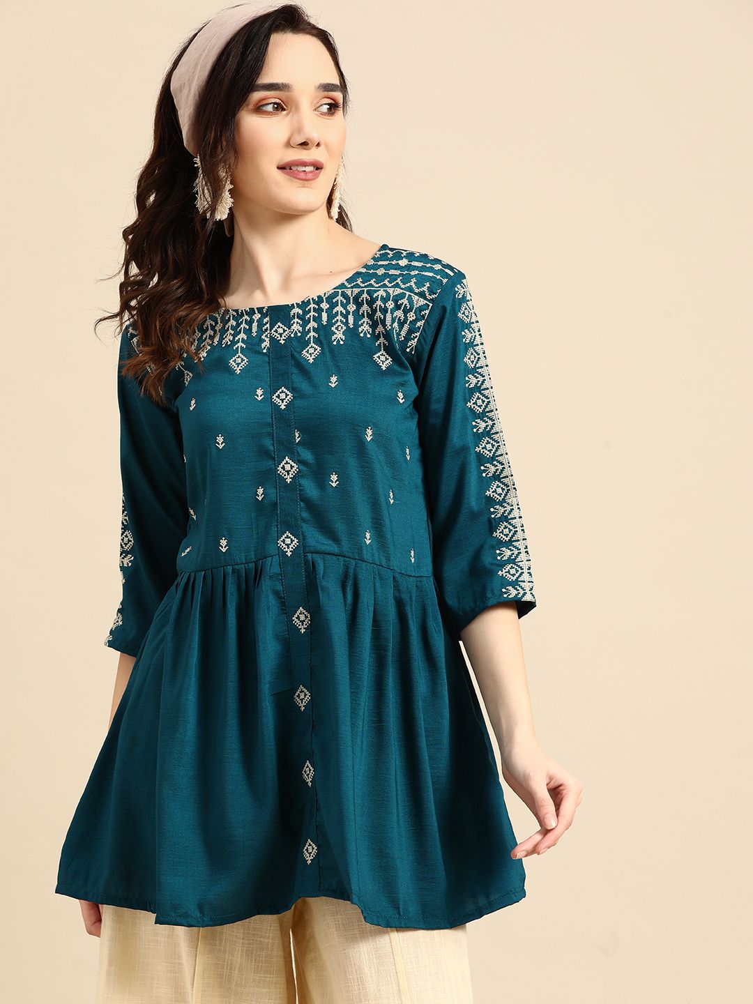 Sangria Teal Embroidered Cinched Waist Longline Top Price in India