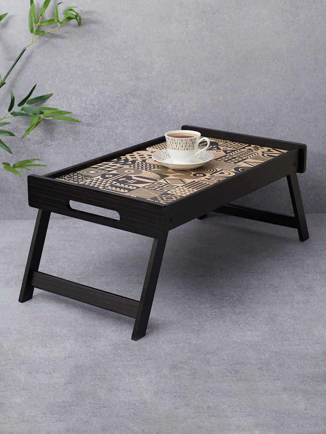 HomeTown Black & Beige Printed Wood Bed Tray Price in India