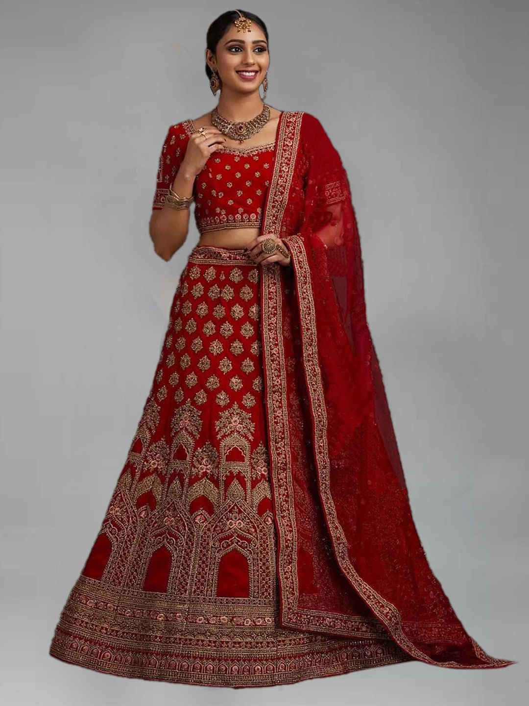 RIVAMA Red Embroidered Sequinned Shibori Semi-Stitched Lehenga & Blouse With Dupatta Price in India