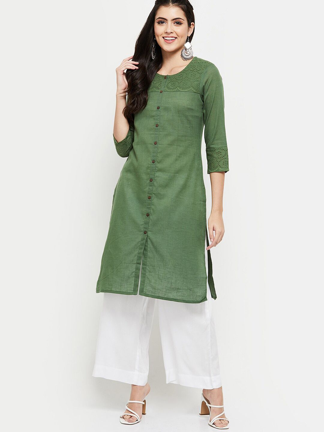 max Women Green Keyhole Neck Thread Work Kurta