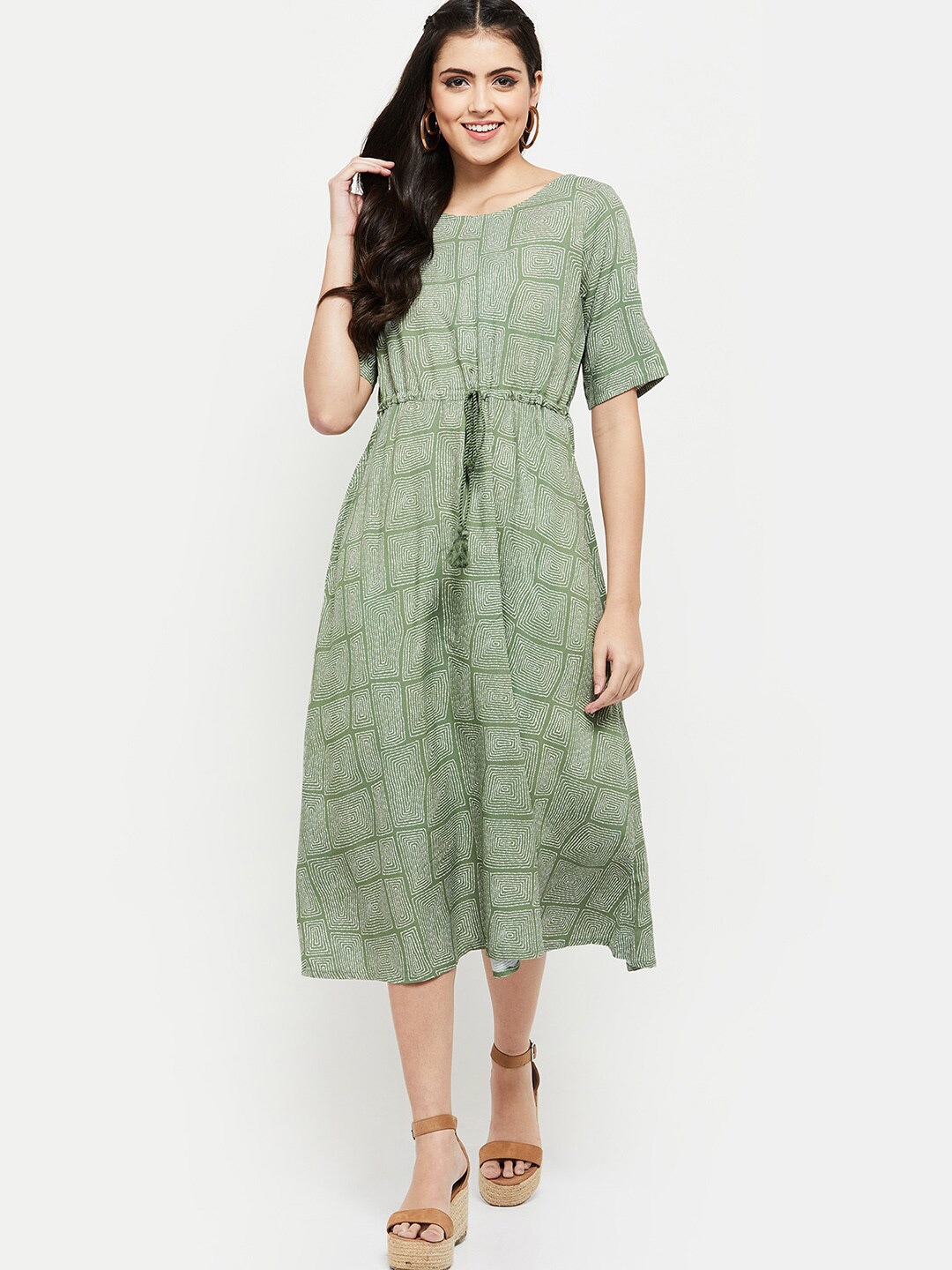 Max Women Green Geometric Print Midi Dress Price in India
