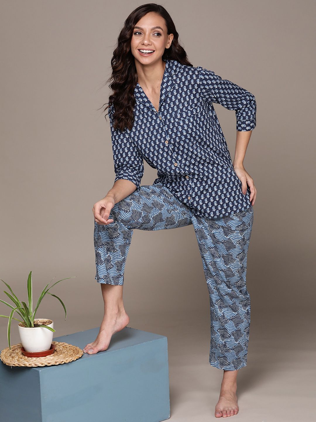 Anubhutee Women Blue Pure Cotton Ethnic Motifs Printed Pyjama Set Price in India