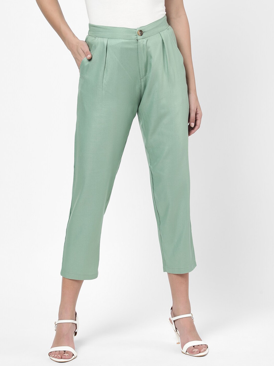 R&B Women Green Pleated Trousers Price in India