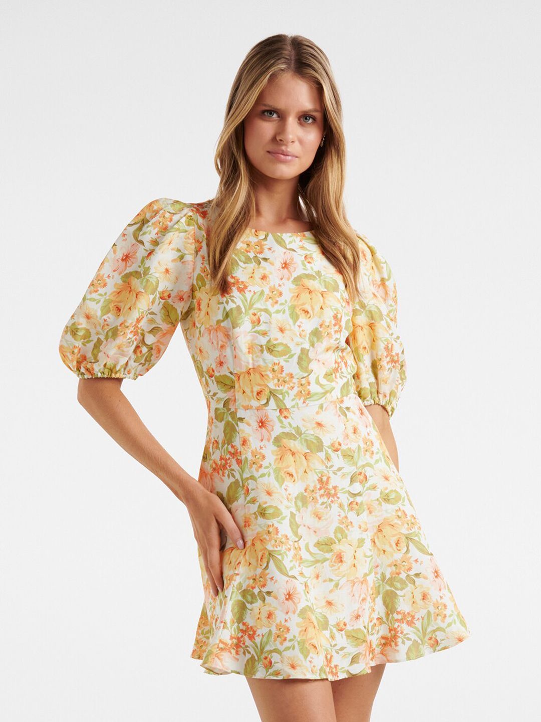 Forever New Yellow Floral Linen A-Line Mini Dress Price in India