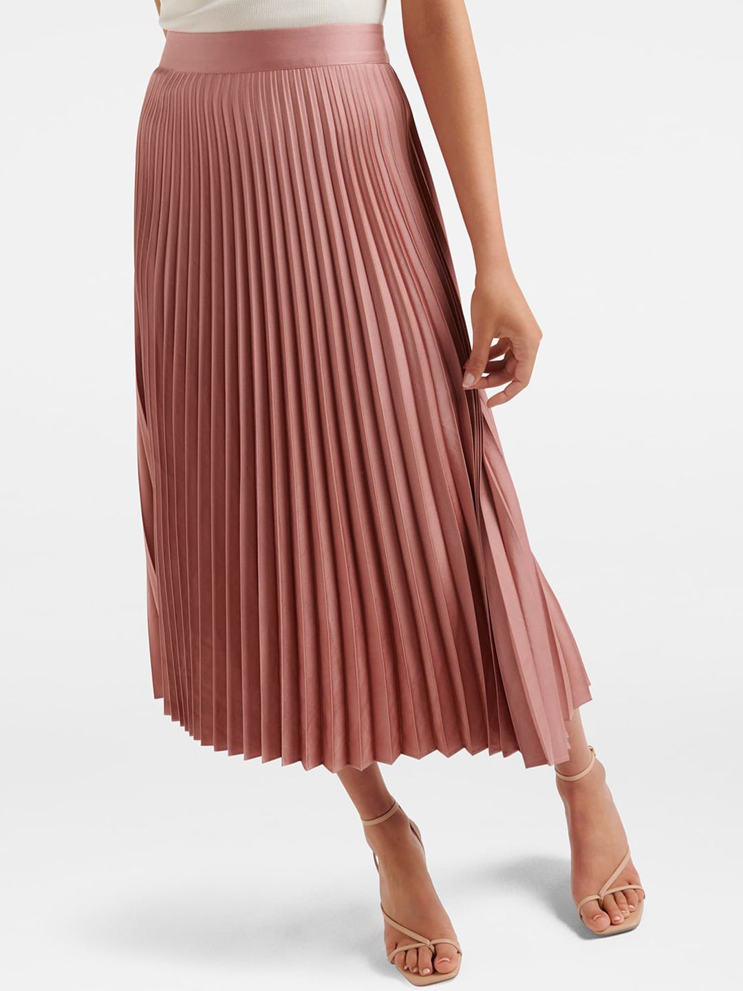 Forever New Women Peach Satin Pleated Flared Midi Skirt Price in India