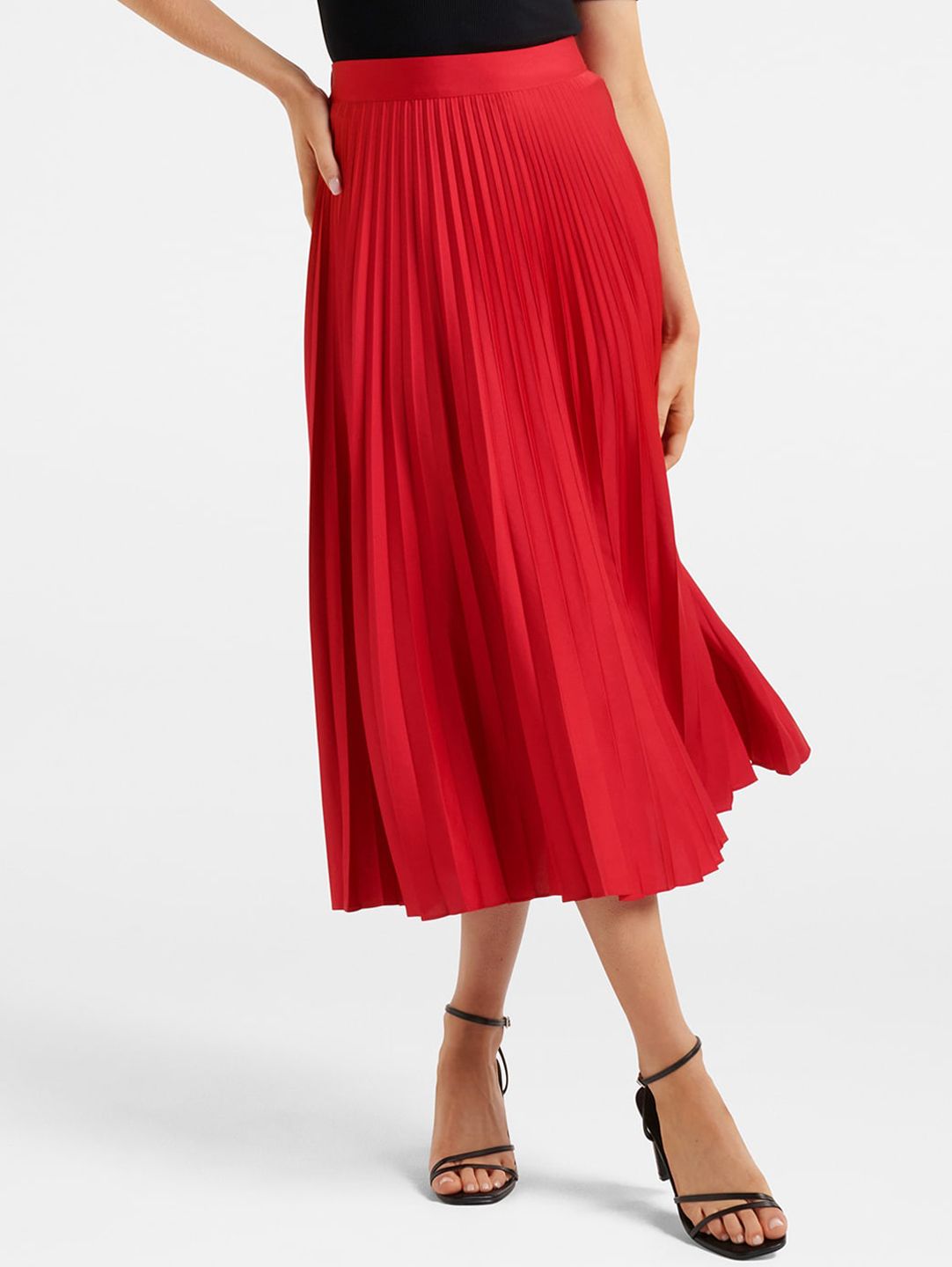 Forever New Women Red Solid A-Line Accordion Pleated Midi Skirt Price in India