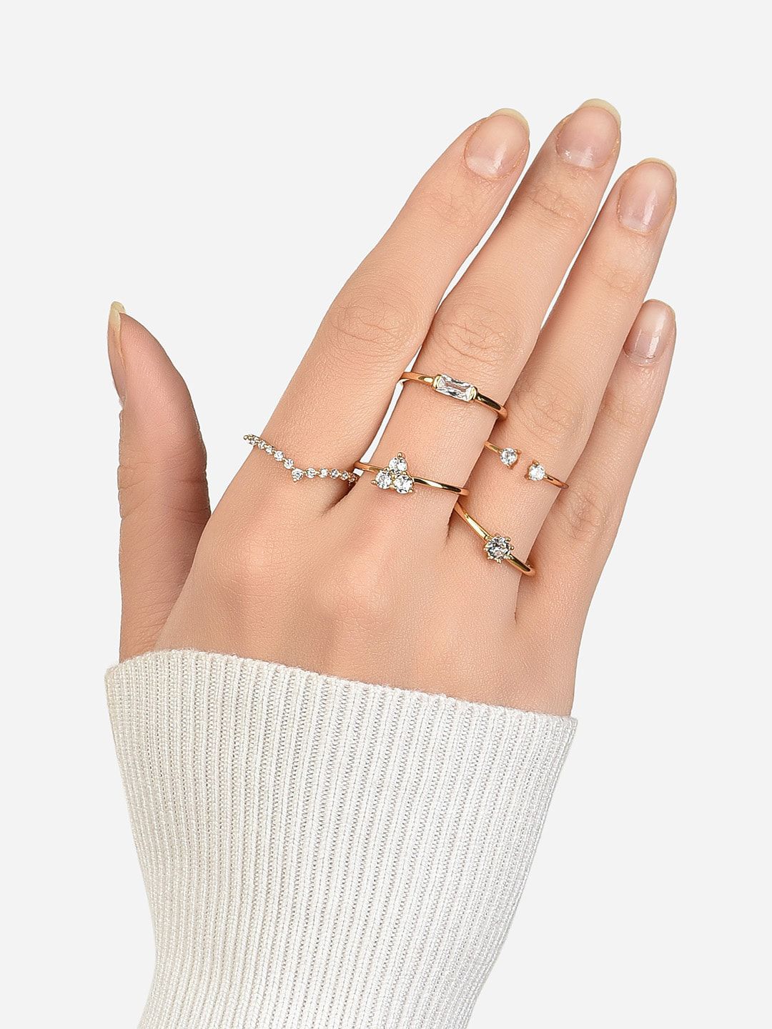 Lilly & sparkle Set Of 5 White Gold-Plated CZ-Studded Finger Ring Price in India