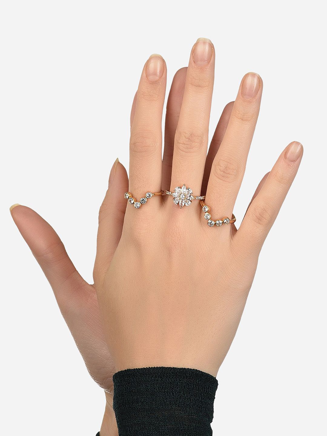 Lilly & sparkle Set Of 3 White Gold-Plated CZ Studded Finger Ring Price in India