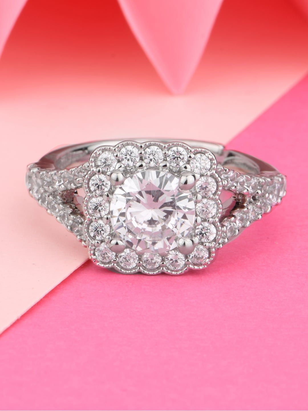 Lilly & sparkle Silver-Toned & White Rhodium-Plated CZ Studded Ring Price in India