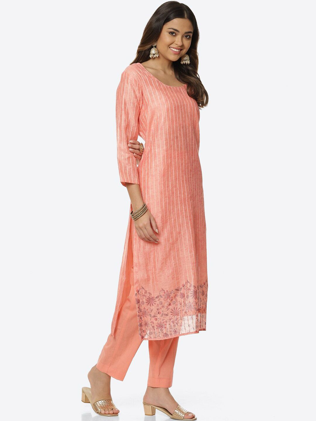 Meena Bazaar Peach-Coloured & Gold-Toned Printed Unstitched Dress Material Price in India